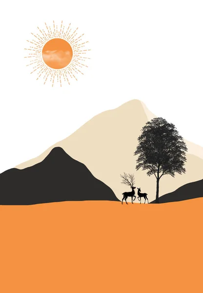 Orange and black mountain elk silhouette art painting