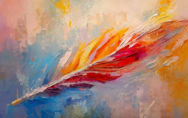 beautiful colorful feather in oil painting on canvas