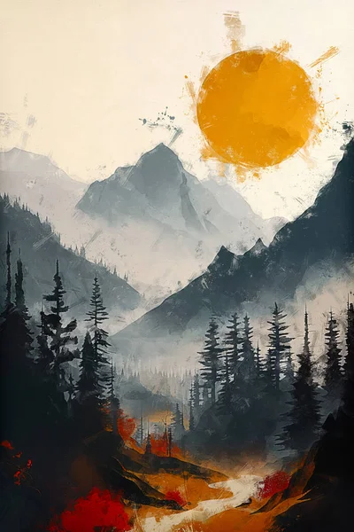 watercolor painting, mountain landscape, forest, mountains, trees, grass, mountain, forest, fog, sunset, sun, forest, hand,