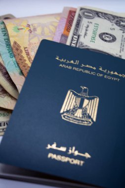 Beyaz arka planda farklı para birimlerine sahip Mısır pasaportu