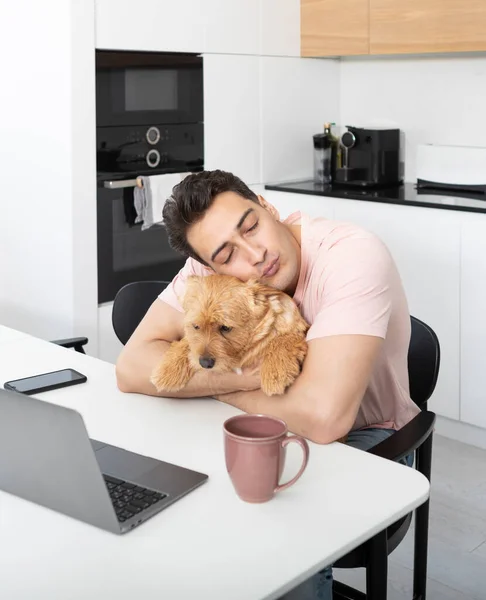 快乐英俊的男人拥抱着他的宠物狗Norwich Terrier 在家用笔记本电脑 — 图库照片