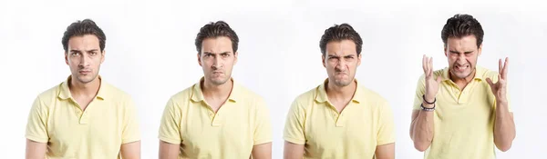 Коллаж Сердитый Человек Различными Версиями Гнева Эмоции Изолированы Белом Фоне — стоковое фото
