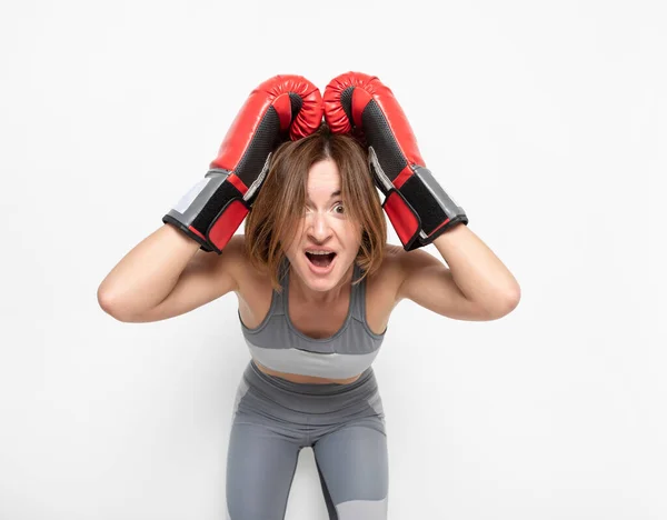 Young Attractive Woman Boxing Gloves Posing Isolated White Background — Stock Photo, Image