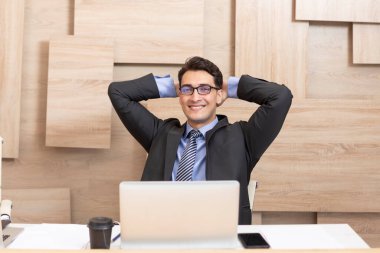 Portrait of young positive and confident handsome business man working on laptop in the modern office