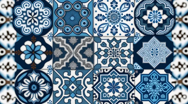 seamless tiles background in portuguese style. Blue and white mosaic pattern. Tiles for ceramic in dutch, portuguese, spanish, italian style.