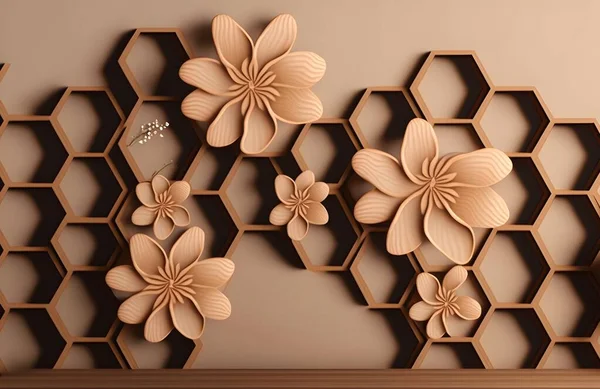 3D wallpaper background, Wooden High quality Hexagon rendering decorative Honeycomb mural wallpaper illustration, 3D flower Living room wallpaper