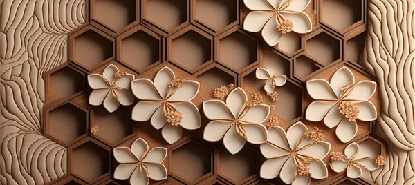 3D wallpaper background, Wooden High quality Hexagon rendering decorative Honeycomb mural wallpaper illustration, 3D flower Living room wallpaper