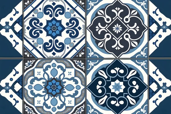 Seamless tiles background in portuguese style. Blue and white mosaic pattern. Tiles for ceramic in dutch, portuguese, spanish, italian style