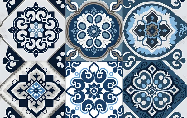 Seamless tiles background in portuguese style. Blue and white mosaic pattern. Tiles for ceramic in dutch, portuguese, spanish, italian style