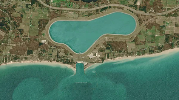 pumped storage hydropower plant, upper reservoir, lower reservoir and Lake Michigan, looking down aerial view from above - birds eye view Ludington Pumped Storage Power Plant  Michigan, USA