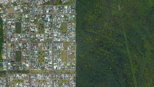 Orman ve şehir sınırı, orman ve şehir düz bir çizgiyle ayrılmış, yukarıdan kuşbakışı orman ve şehir sınırı Jardim acapulco, Guaruja - Sao Paulo, Brezilya
