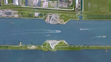 Delta çalışıyor, Maeslantkering Maeslant Bariyeri, yukarıdan aşağıya bakıyor, Birds 'in bakış açısı Maeslantkering Rotterdam, Hollanda