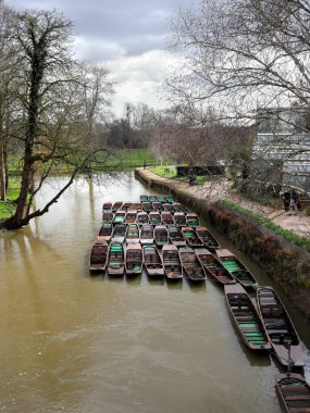 Oxford, İngiltere - 25 Mart 2023: Oxford, İngiltere 'deki River Cherwell' de turistleri eğlendiren Punt Boats