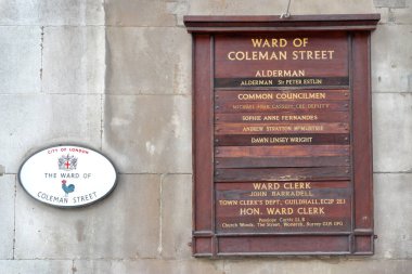 London, UK - Jul 23, 2022: Sign of the Ward of Coleman Street, one of the 25 ancient wards of the City of London EC4, England, UK. clipart