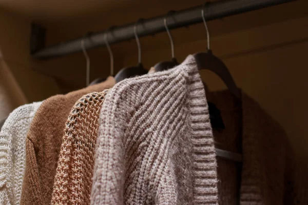Close Pastel Warm Knitted Cardigan Sweater Hanging Closet Cozy Fall — Stock Photo, Image