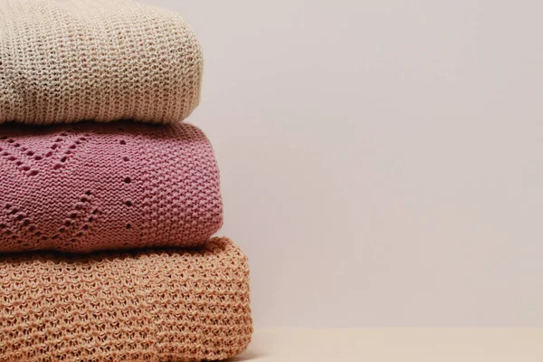 Stack Folded Knitwear Minimal Lifestyle Capsule Wardrobe Copy Space Cozy — Stock Photo, Image