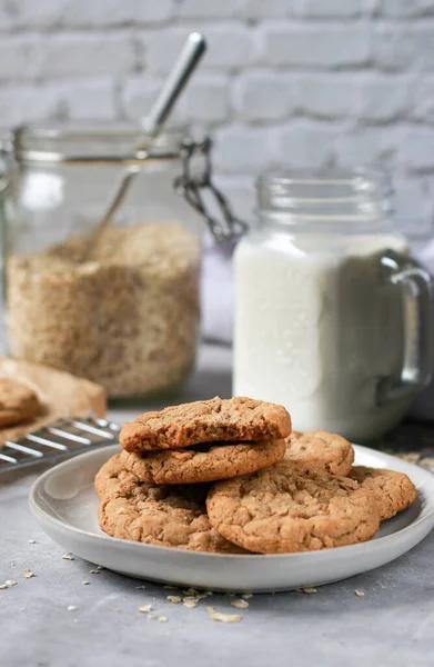 Fresh Baked Oatmeal Cookies Baking Rack Milk Oats Background High — Stock Photo, Image