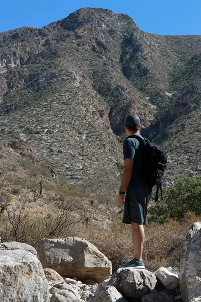 Man Hiking Backpack Mountains Texas High Quality Photo 스톡 이미지