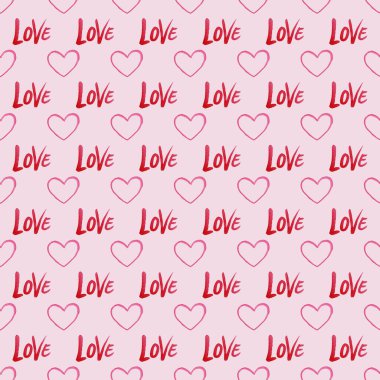 Kusursuz elle boyanmış suluboya kırmızı aşk kelimesi ve beyaz arka planda kalp deseni. Yüksek kalite fotoğraf