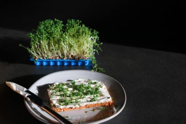 a slice of homemade bread with vegan cream cheese and fresh watercress, dark grey marble table with copy space