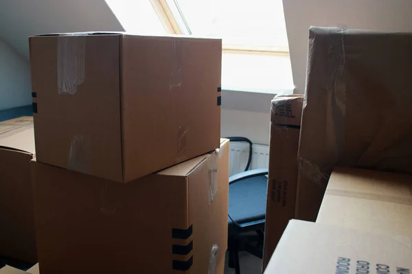 Close Moving Cardboard Boxes Home Office High Quality Photo 스톡 사진