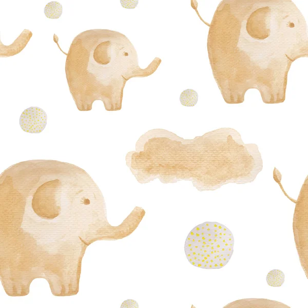 seamless pattern of beige water color hand drawn elephants and clouds on white background