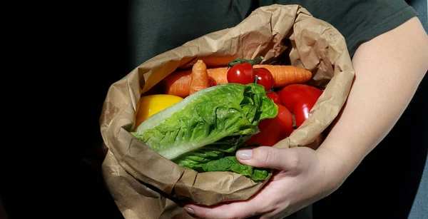 close up of woman holding a paper bag full with vegetables. Organic, natural vegetables and zero waste concept .
