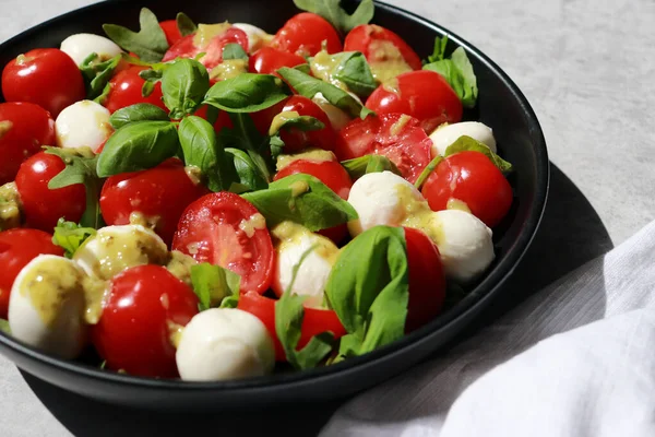 Delicious Italian Capers Salad Tomatoes Mozzarella Basil Grey Marble Table — Stock Photo, Image