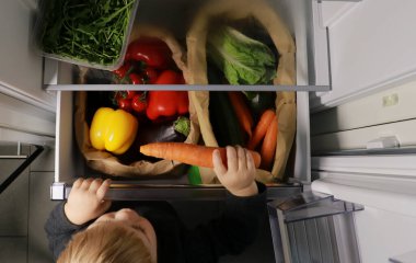 Küçük şirin çocuk açık buzdolabından sebze topluyor. Çocuklar sağlıklı beslenme konsepti