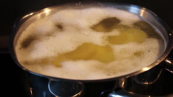 Close Potatoes Boiling Water Small Saucepan Dark Stove Background — Stock Video