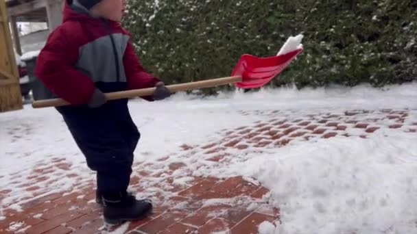 Seorang Anak Kecil Menyekop Salju Halaman Depan Pemandangan Samping — Stok Video
