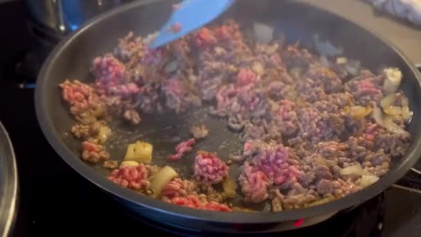 Stirring Frying Ground Beef Diced Onions Silicon Blue Spatula High — Stock Video