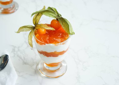 Proteinli yoğurt ve bitki özlü meyveli tatlı. Yüksek kalite fotoğraf