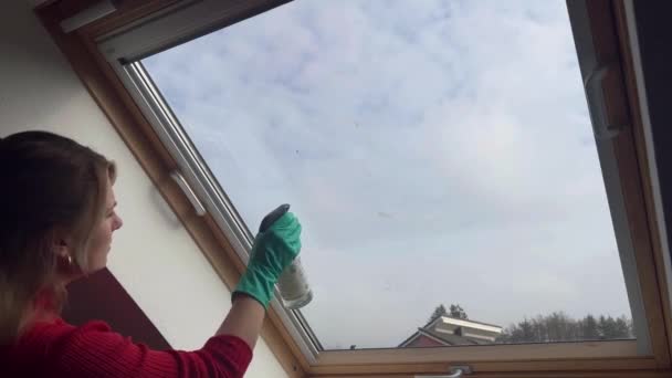 Молода Жінка Прибирає Вікно Велюрове Вдома Під Час Денного Світла — стокове відео