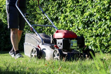 Bahçede güpegündüz yeşil çim biçen, bulanık arka planda bir adamın yakın plan fotoğrafı. 