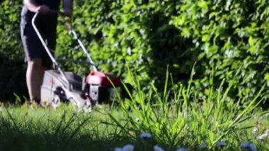 Bahçede güpegündüz yeşil çim biçen, bulanık arka planda bir adamın yakın plan fotoğrafı. 