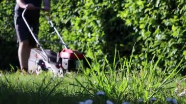 Bahçede güpegündüz yeşil çim biçen, bulanık arka planda bir adamın yakın plan fotoğrafı. 