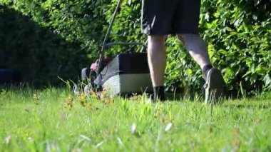 Bahçede güpegündüz yeşil çim biçen, bulanık arka planda bir adamın yakın plan fotoğrafı. 