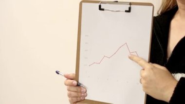 Kalemle işaret eden kadın ellerini kağıt panoda bir çizgi diyagramı gibi kapat. Ofis konseptinde iş raporu