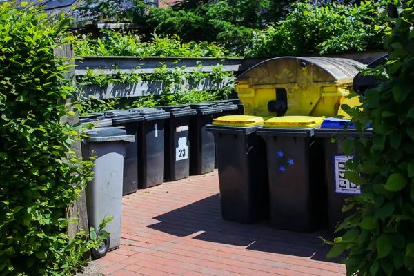 Farklı renklerde çitlerle çevrili Gabage çöp bidonları. Birçok evi, apartmanı, yeşil çalıları ve güneşli gün ışığı var.