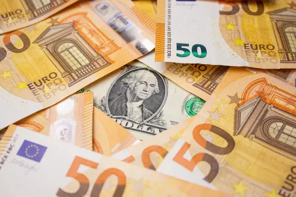 50 avroya yakın para ve arka planda bir dolarlık banknot.