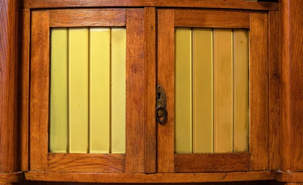 Old Wooden Cabinet Doors Lock Glass Windows Furniture Close — Stock Photo, Image