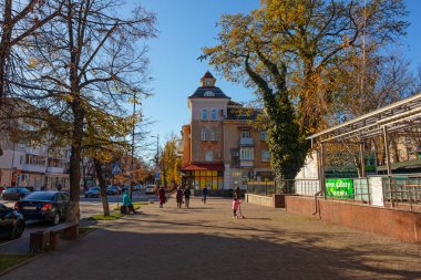 Kremenchuk şehri, Ukrayna - 1 Kasım 2022: Sarmaşık ve zıplayan bir ağaç ile şehir merkezinde sokak. Geniş yaya kaldırımları, park edilmiş arabalar. Güneşli bir gün