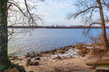 Dnieper river in winter trees, stones and ice on the shore