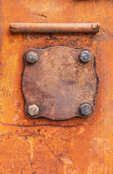 Rusty Kovový Povrch Víčkem Šrouby Ocelový Kryt Vnější Straně Obrněného — Stock fotografie
