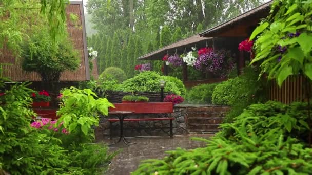 Regn Pittoresk Trädgård Med Blommor Bänk Och Ett Bord Sommaren — Stockvideo