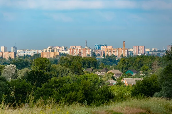 Güneşli bir yaz gününde Harkiv manzarası. Önünde ağaçlar ve ufukta yüksek binalar olan şehir manzarası