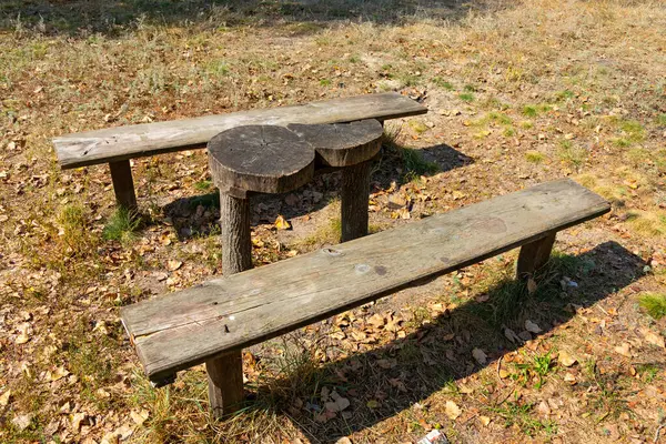 Σπιτικό Τραπέζι Και Παγκάκια Από Ξύλο Στον Κήπο — Φωτογραφία Αρχείου