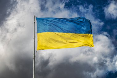 Ukrayna 'nın büyük ulusal bayrağı rüzgarda dalgalanır. Bayrak direğinde dalgalanır. Doğal kara fırtına bulutları ve çarpıcı bir gökyüzü karşısında.
