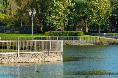 Şehir bahçesindeki bir göletin kıyısındaki demir parmaklıklar ve taş tahkimatı ya da ağaçlar ve çalılarla kaplı bir park.